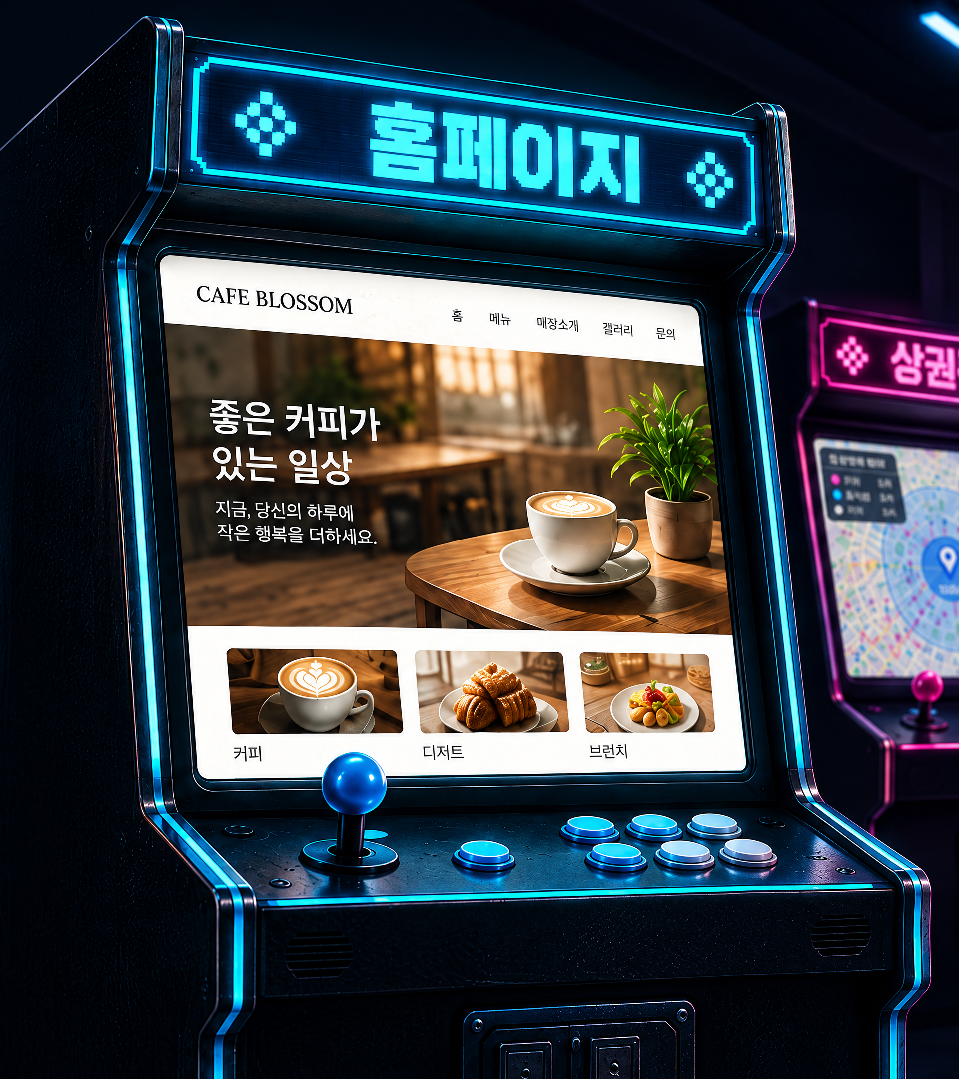 ‘홈페이지’ 간판이 켜진 오락실 기판. 화면에 카페 홈페이지 시안이 떠 있다.